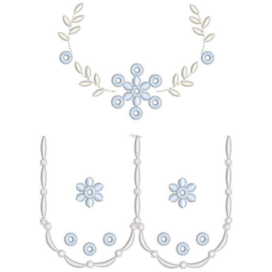  heirloom embroidery on cream silk with delicate eyelets, floral motifs, and fine satin stitches.