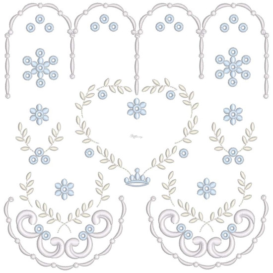  heirloom embroidery on cream silk with delicate eyelets, floral motifs, and fine satin stitches.