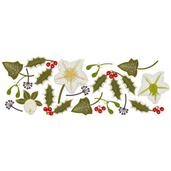 Botanical machine embroidery: hellebores, green leaves, red berries