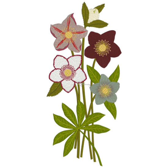 Botanical machine embroidery: hellebores, green leaves, red berries