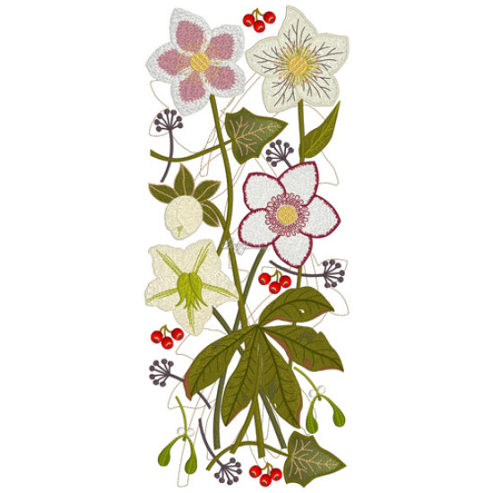 Botanical machine embroidery: hellebores, green leaves, red berries