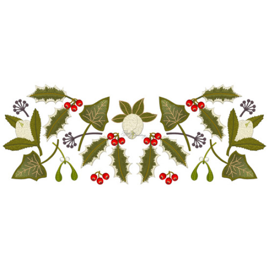 Botanical machine embroidery: hellebores, green leaves, red berries