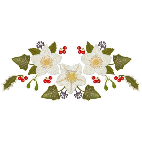 Botanical machine embroidery: hellebores, green leaves, red berries