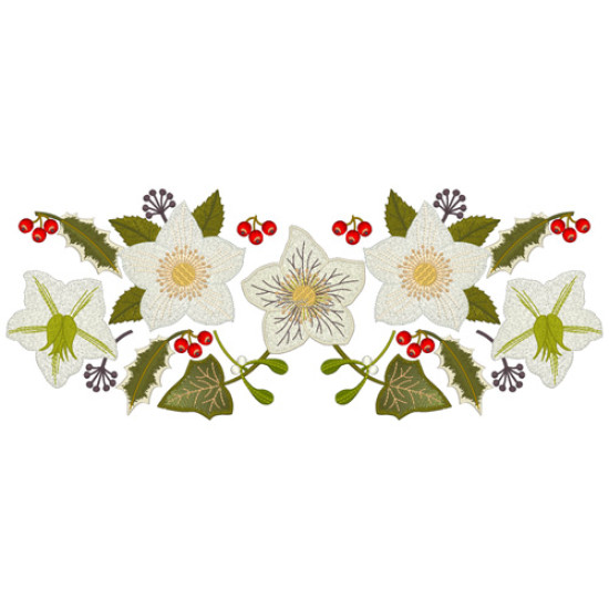 Botanical machine embroidery: hellebores, green leaves, red berries