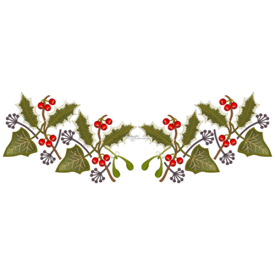 Botanical machine embroidery: hellebores, green leaves, red berries