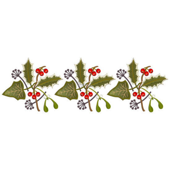 Botanical machine embroidery: hellebores, green leaves, red berries
