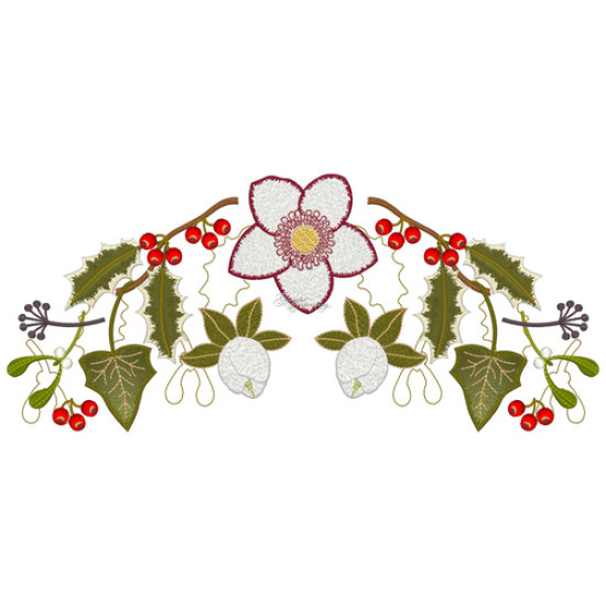 Botanical machine embroidery: hellebores, green leaves, red berries