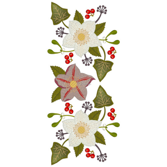 Botanical machine embroidery: hellebores, green leaves, red berries