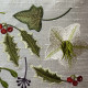 Botanical machine embroidery: hellebores, green leaves, red berries
