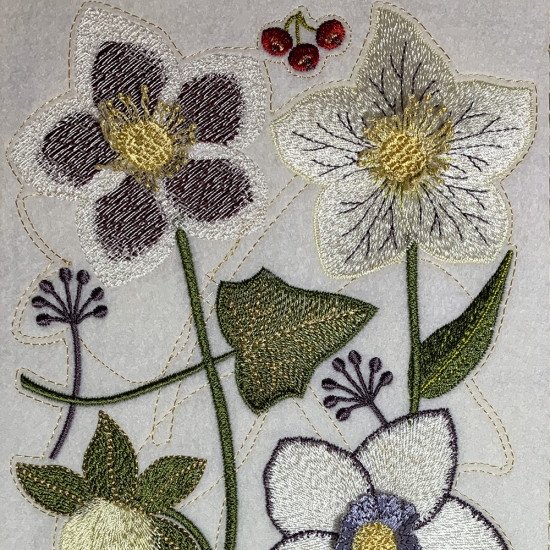 Botanical machine embroidery: hellebores, green leaves, red berries