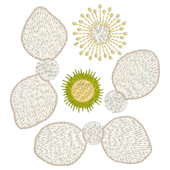Botanical machine embroidery: hellebores, green leaves, red berries  
