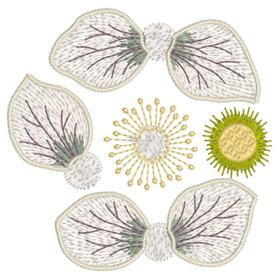 Botanical machine embroidery: hellebores, green leaves, red berries  