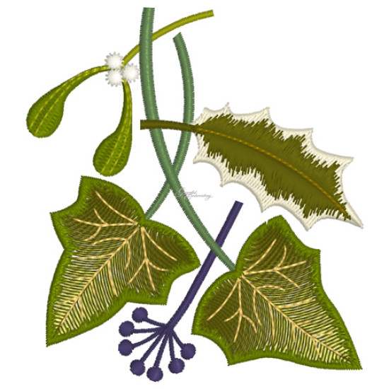 Botanical machine embroidery: hellebores, green leaves, red berries  