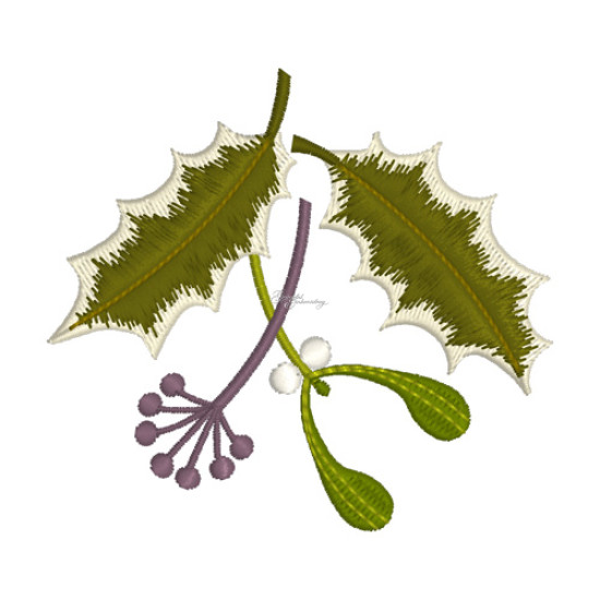 Botanical machine embroidery: hellebores, green leaves, red berries  