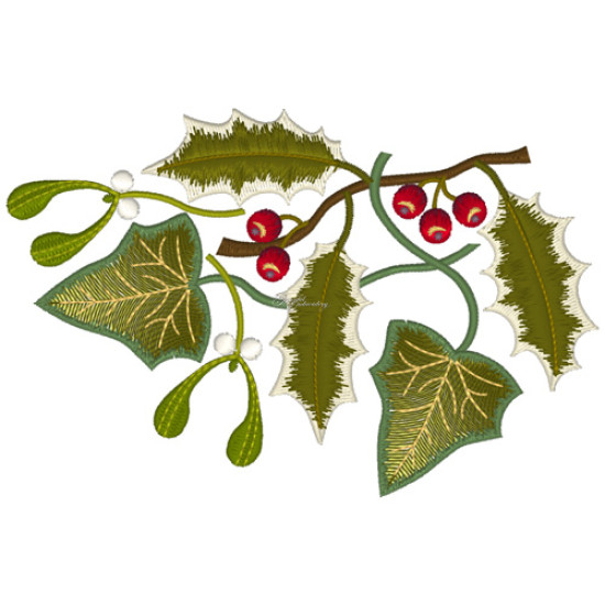 Botanical machine embroidery: hellebores, green leaves, red berrie