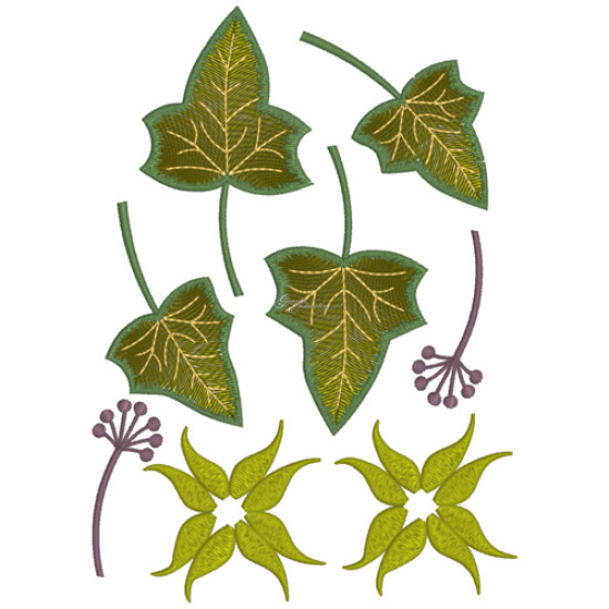Botanical machine embroidery: hellebores, green leaves, red berrie