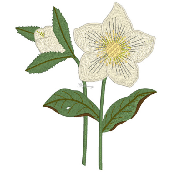 Botanical machine embroidery: hellebores, green leaves, red berrie