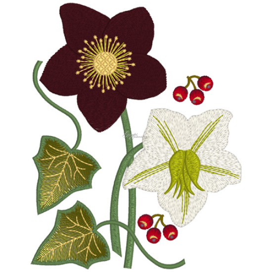 Botanical machine embroidery: hellebores, green leaves, red berrie