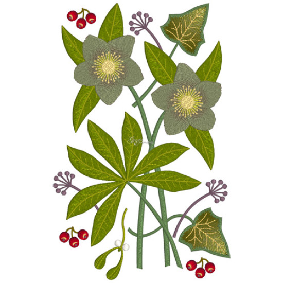 Botanical machine embroidery: hellebores, green leaves, red berries