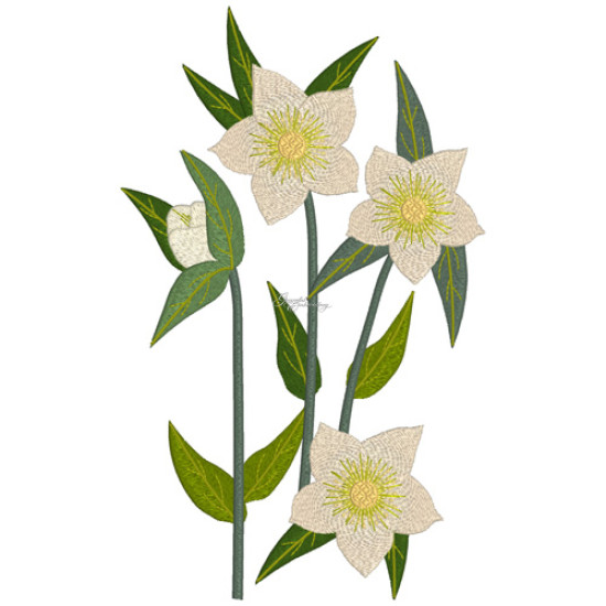 Botanical machine embroidery: hellebores, green leaves, red berries