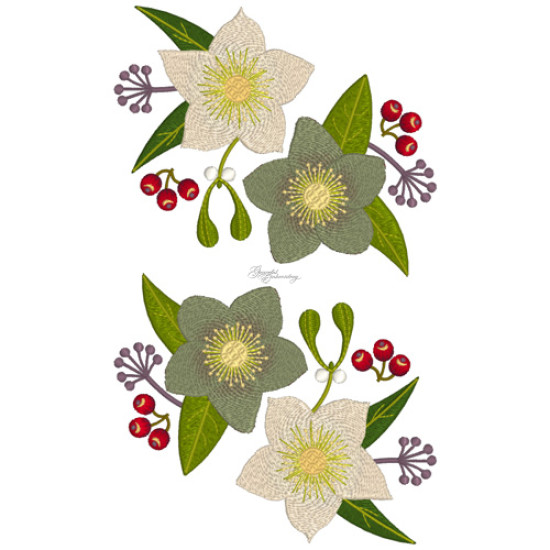 Botanical machine embroidery: hellebores, green leaves, red berries