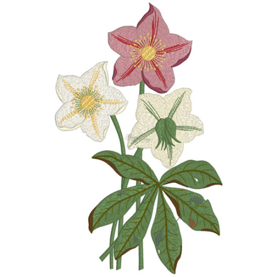Botanical machine embroidery: hellebores, green leaves, red berries