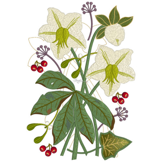 Botanical machine embroidery: hellebores, green leaves, red berries