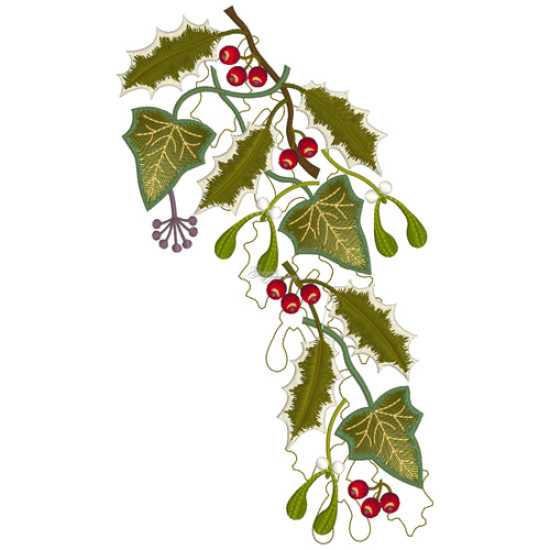 Botanical machine embroidery: hellebores, green leaves, red berries