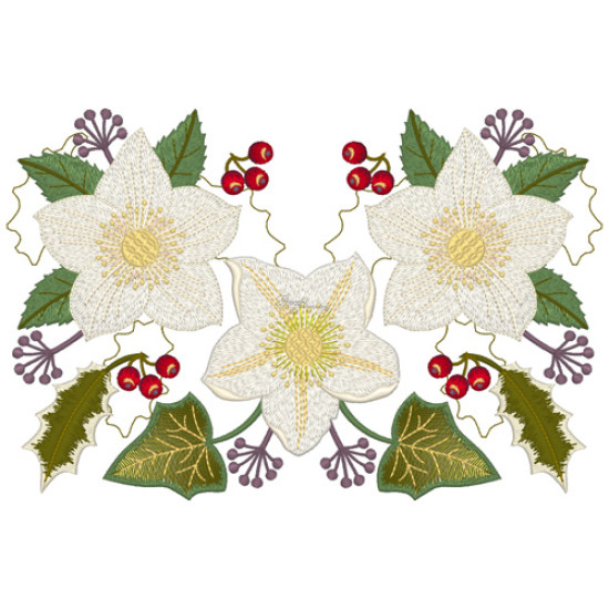 Botanical machine embroidery: hellebores, green leaves, red berries