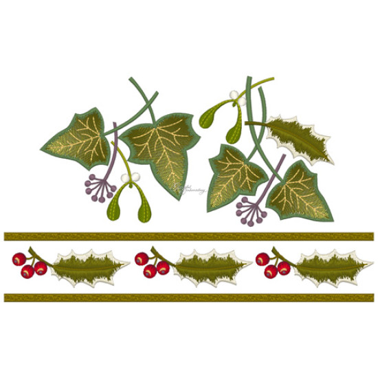 Botanical machine embroidery: hellebores, green leaves, red berries
