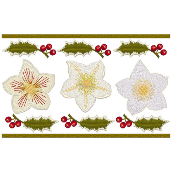 Botanical machine embroidery: hellebores, green leaves, red berries