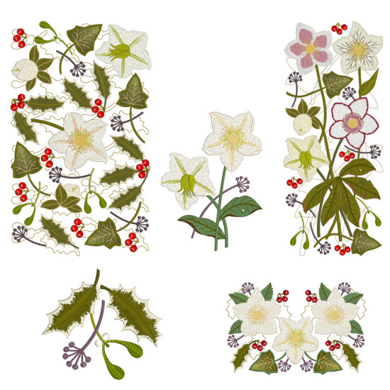 Botanical machine embroidery: hellebores, green leaves, red berries
