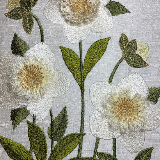Botanical machine embroidery: hellebores, green leaves, red berries