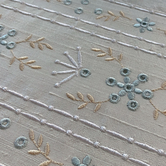  heirloom embroidery on cream silk with delicate eyelets, floral motifs, and fine satin stitches.