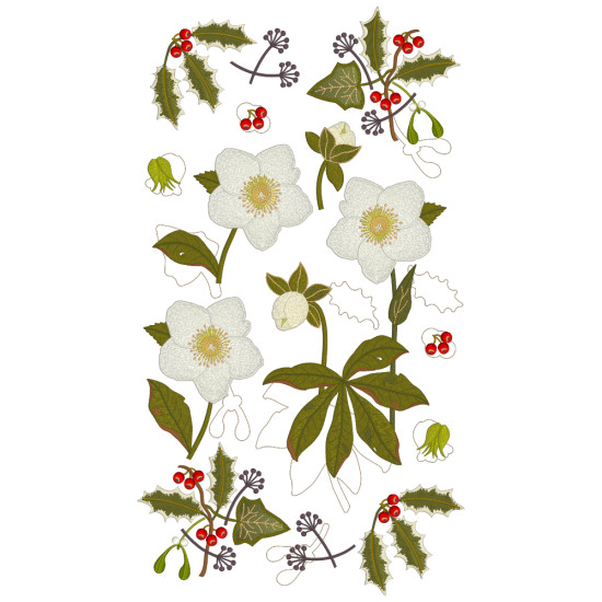 Botanical machine embroidery: hellebores, green leaves, red berries on light felt  