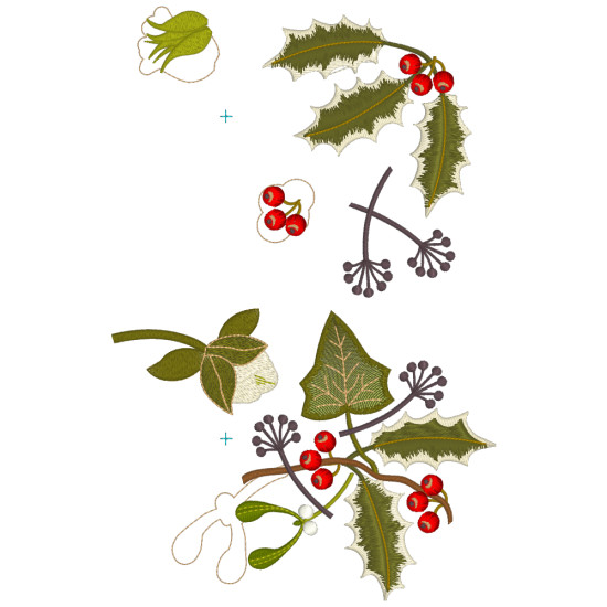 Botanical machine embroidery: hellebores, green leaves, red berries on light felt  