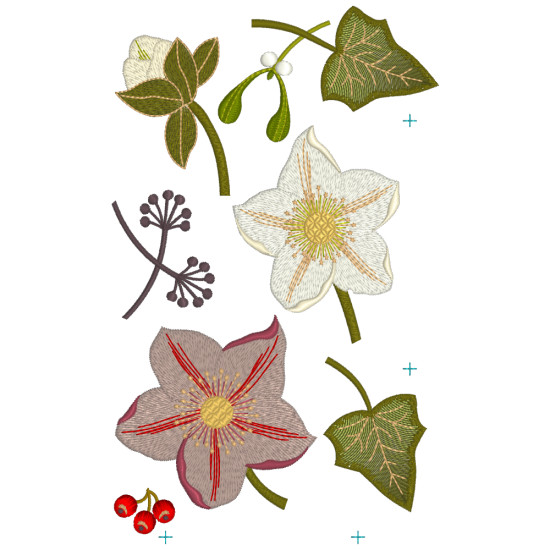 Botanical machine embroidery: hellebores, green leaves, red berries on light felt  