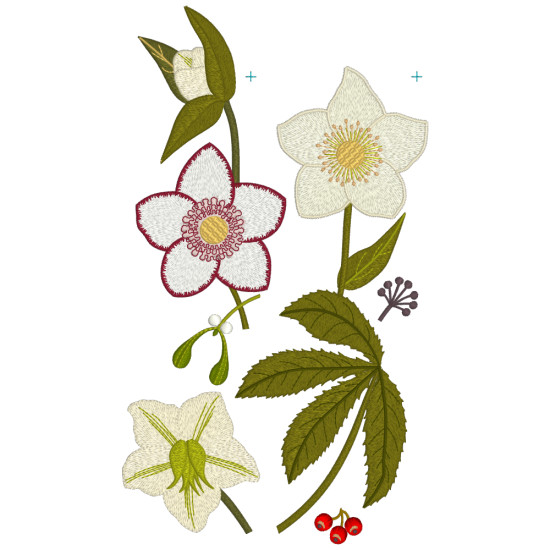 Botanical machine embroidery: hellebores, green leaves, red berries on light felt  