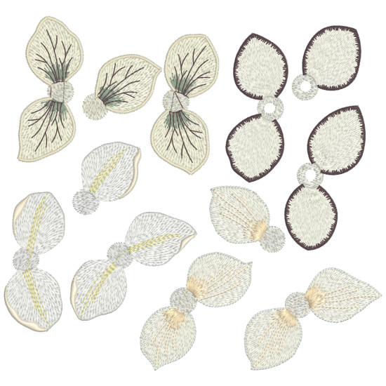 Botanical machine embroidery: hellebores, green leaves, red berries on light felt  
