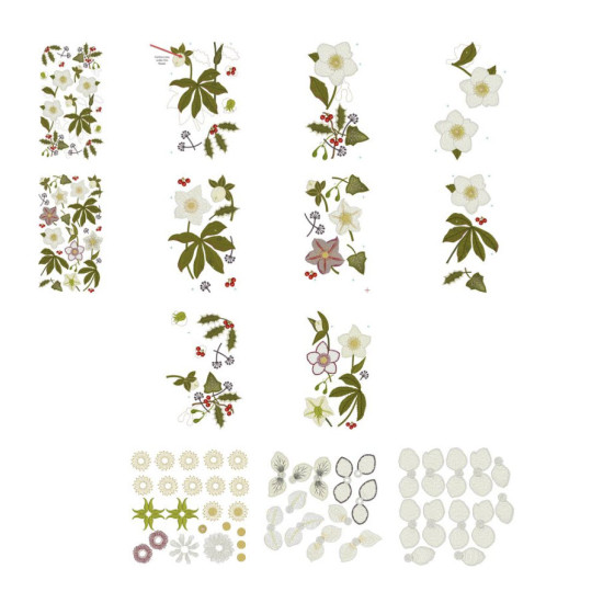 Botanical machine embroidery: hellebores, green leaves, red berries on light felt  